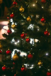 red and gold balls on a Christmas tree