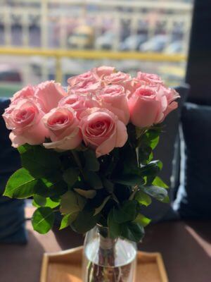 Beautiful pink flowers bouquet in a glass jar